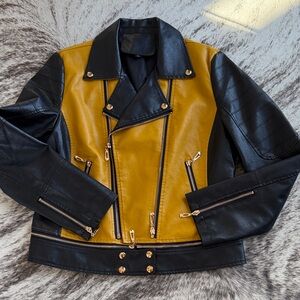 NWOT Black and Mustard Yellow faux, leather Bomber Jacket